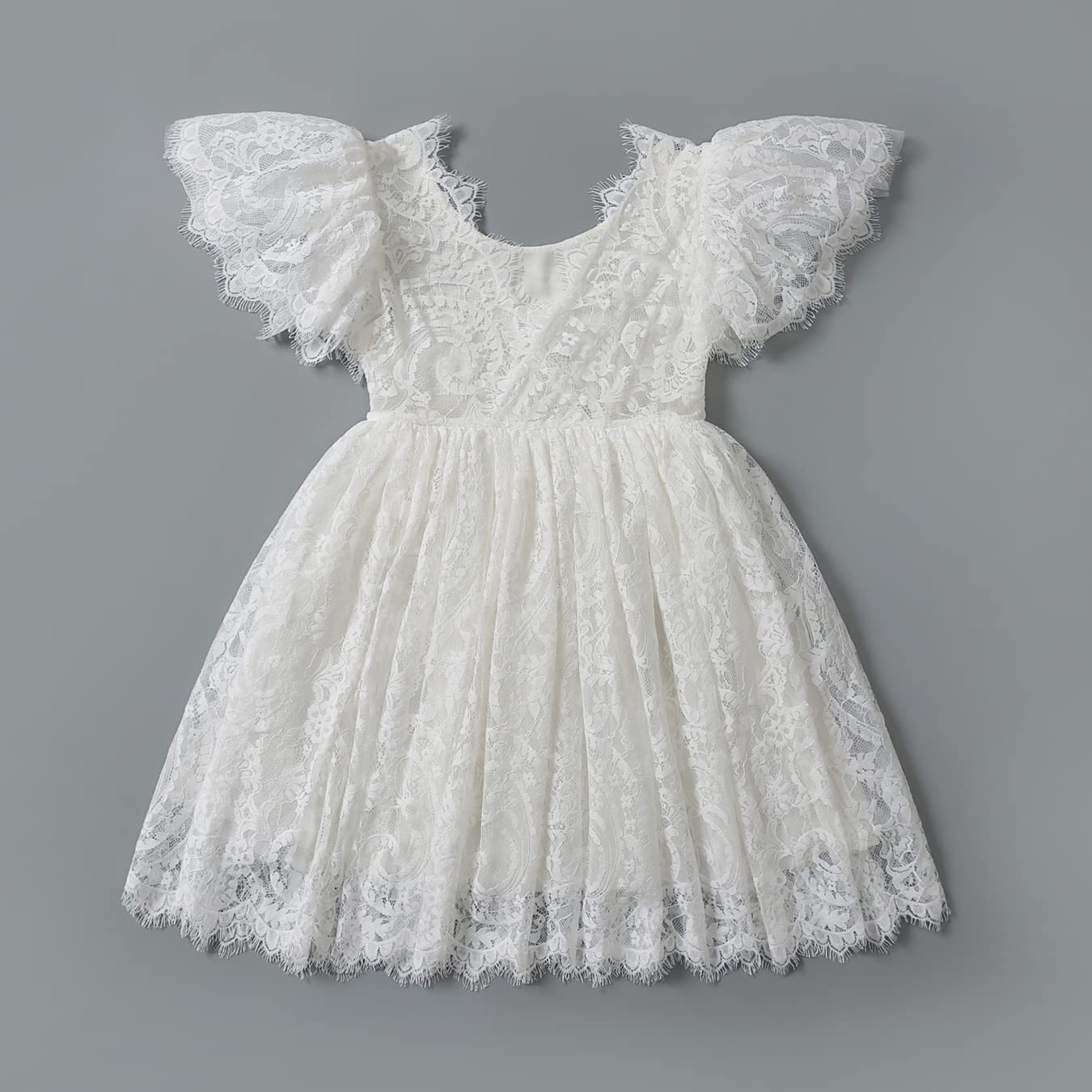 2Bunnies Flower Girl Dress Paisley Lace Back A-Line Flutter Sleeve Straight All Lace Knee (White) - 2BUNNIES