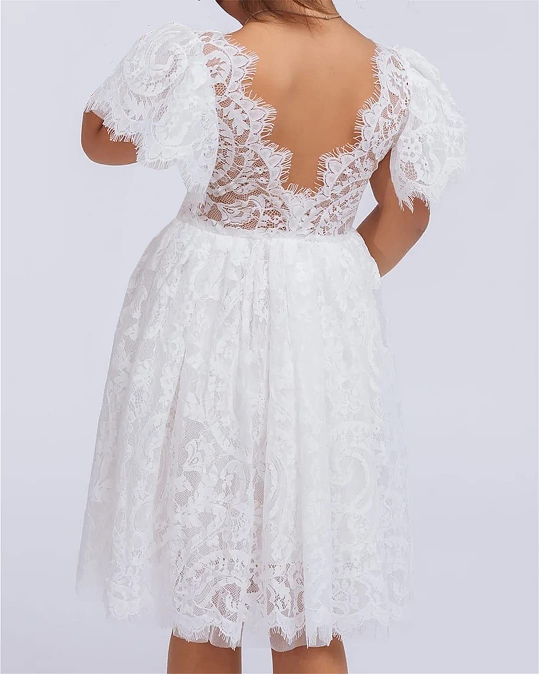 2Bunnies Flower Girl Dress Paisley Lace Back A-Line Flutter Sleeve Straight All Lace Knee (White) - 2BUNNIES