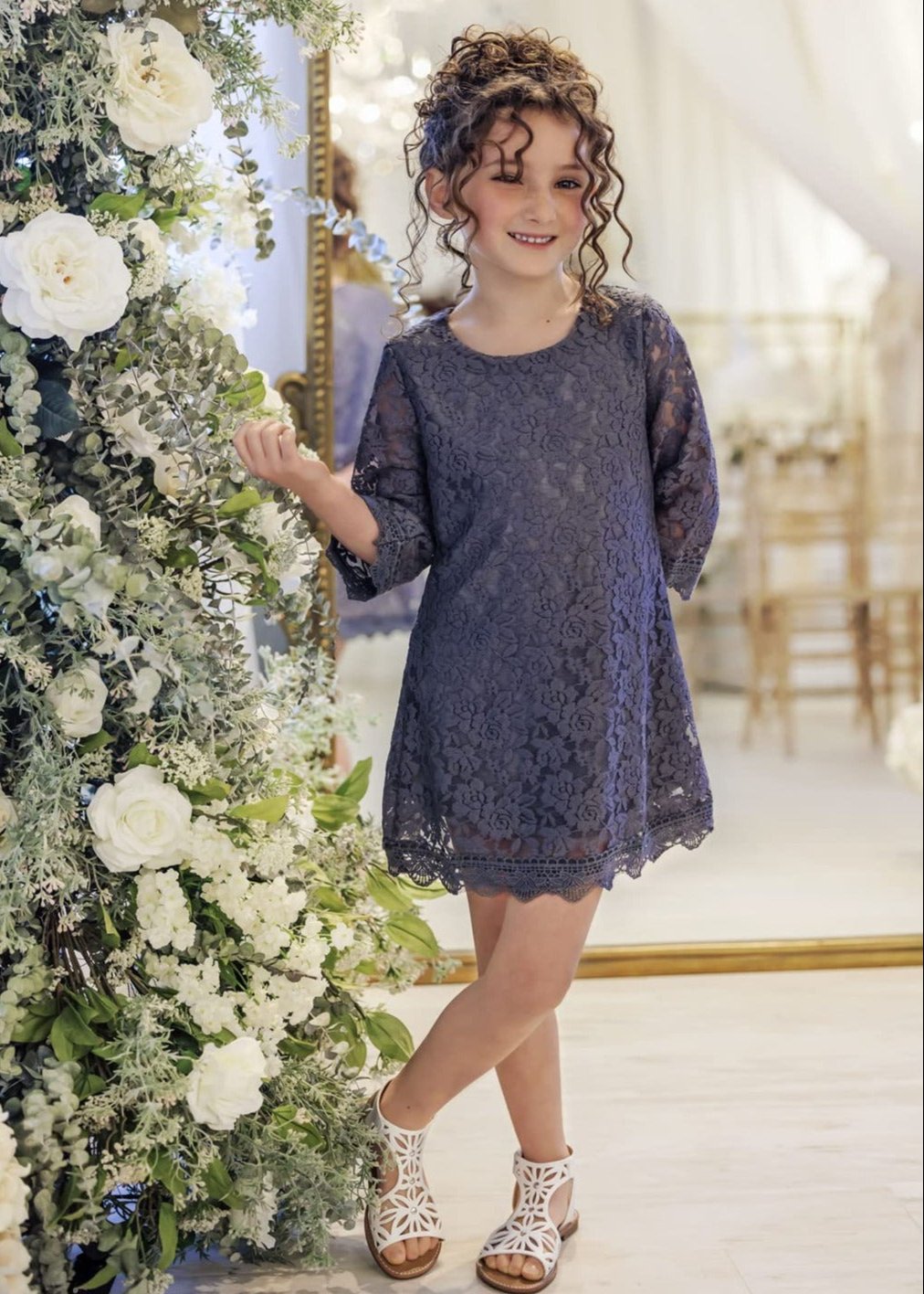 Girls' Boho Floral Lace Scalloped Hem Dress in Dark Gray