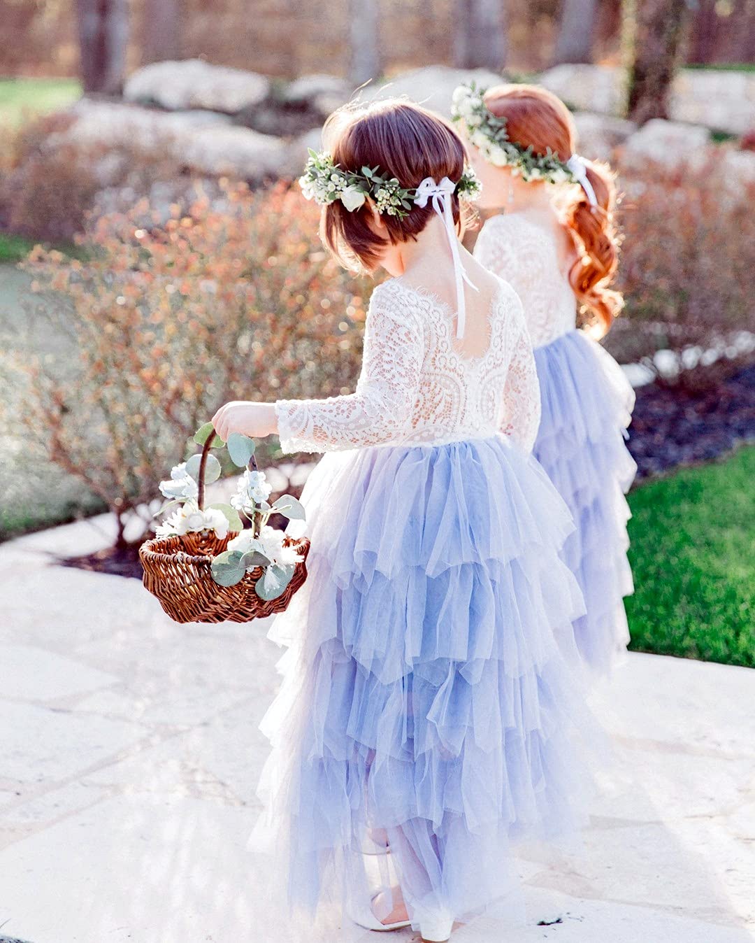 2Bunnies Flower Girl Dress Peony Lace Back A-Line Long Sleeve Tiered Tulle Maxi (Bluish Gray) - 2BUNNIES