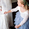 2Bunnies Flower Girl Dress Peony Lace Back A-Line Long Sleeve Tiered Tulle Maxi (Bluish Gray) - 2BUNNIES