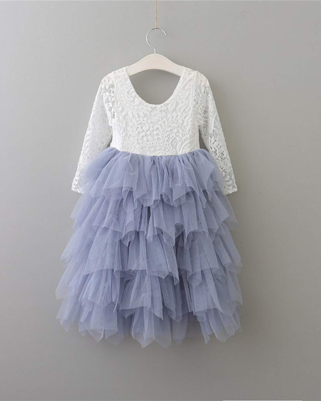 2Bunnies Flower Girl Dress Peony Lace Back A-Line Long Sleeve Tiered Tulle Maxi (Bluish Gray) - 2BUNNIES