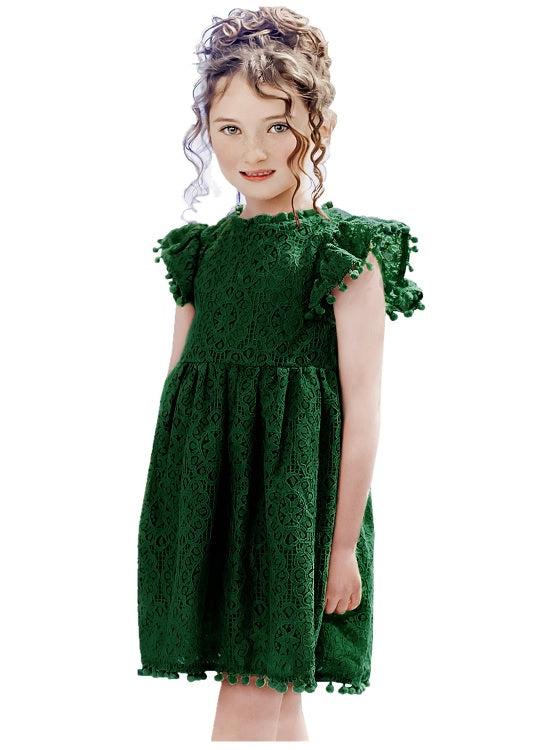 Sunflower Lace Pom Pom Trim Girl Dress in Green
