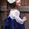 2Bunnies Flower Girl Dress Peony Lace Back A-Line Long Sleeve Tiered Tulle Short (Navy) - 2BUNNIES