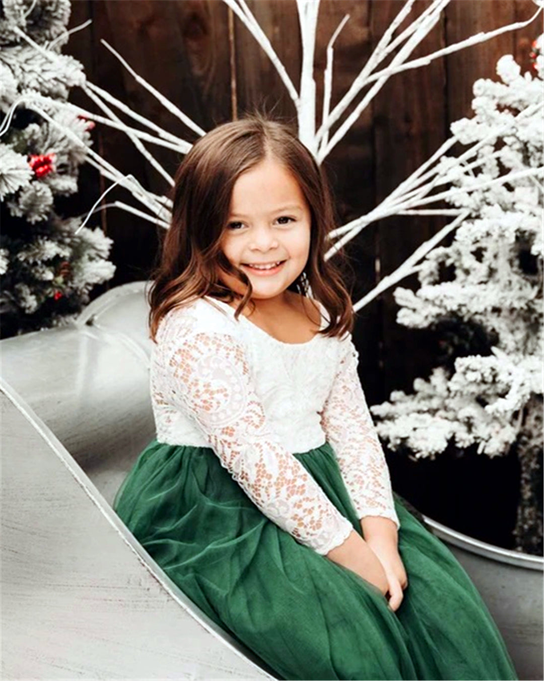 Peony Lace Straight Tulle Girl Dress in Green - 2BUNNIES