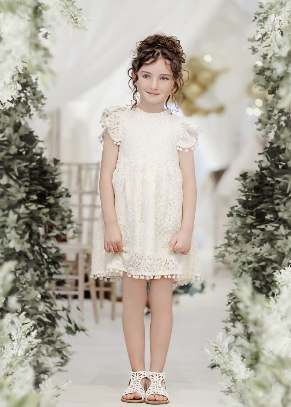 Sunflower Lace Pom Pom Trim Girl Dress in Ivory