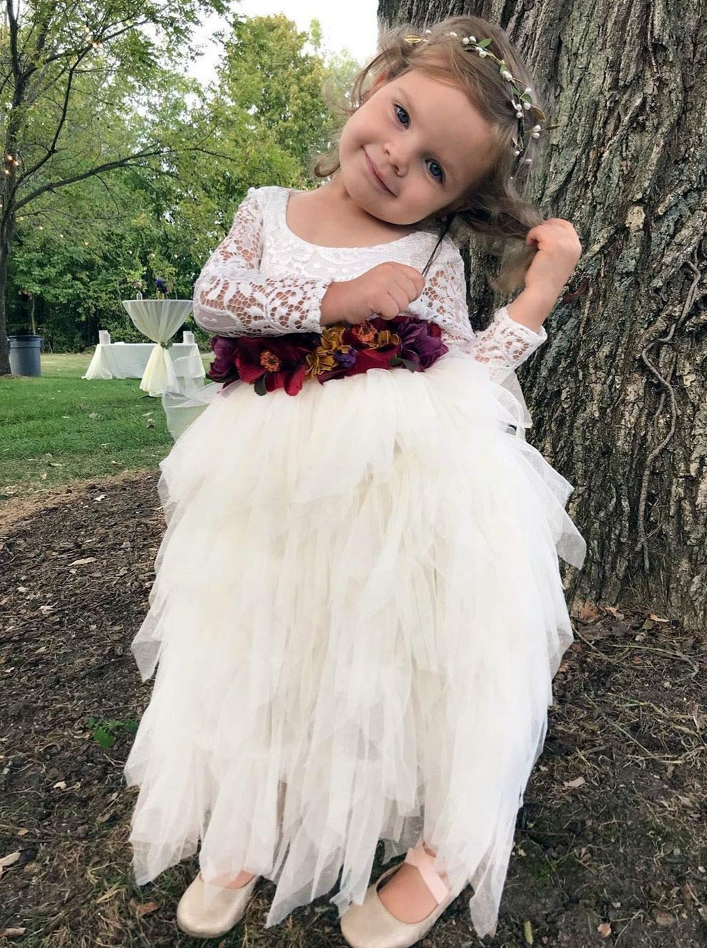 2Bunnies Flower Girl Dress Peony Lace Back A-Line Long Sleeve Tiered Tulle Maxi (Ivory) - 2BUNNIES