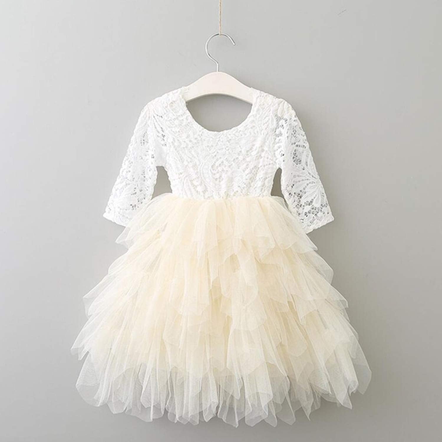 2Bunnies Flower Girl Dress Peony Lace Back A-Line Long Sleeve Tiered Tulle Maxi (Ivory) - 2BUNNIES