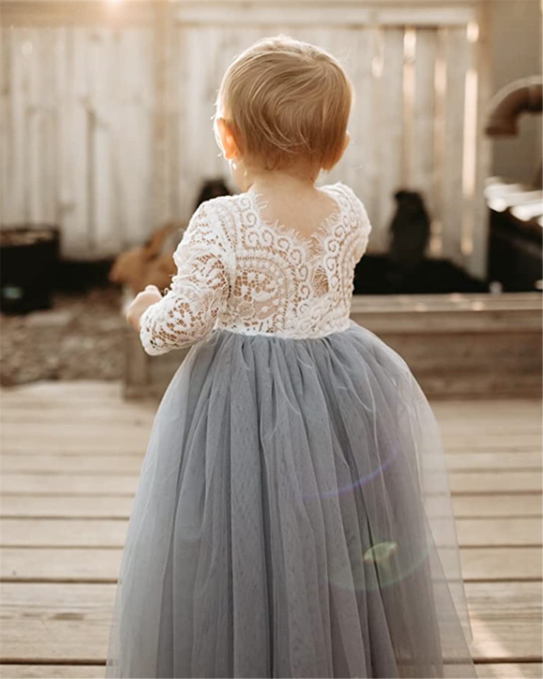 Peony Lace Straight Tulle Girl Dress in Light Gray - 2BUNNIES