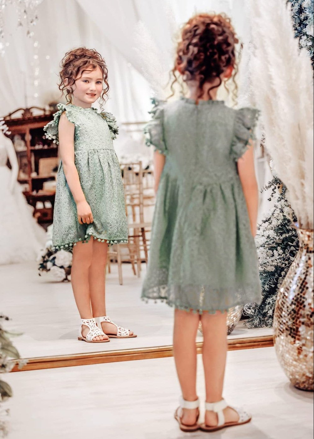 Sunflower Lace Pom Pom Trim Girl Dress in Light Sage