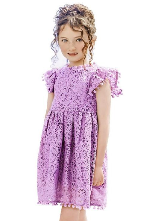 Sunflower Lace Pom Pom Trim Girl Dress in Purple