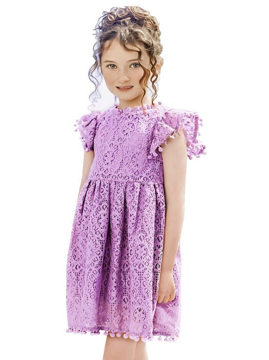 Sunflower Lace Pom Pom Trim Girl Dress in Purple - 2BUNNIES