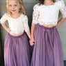 2Bunnies Flower Girl Dress 2 Piece Set Scallop Lace Long Sleeve Straight Tutu Maxi (Mauve) - 2BUNNIES