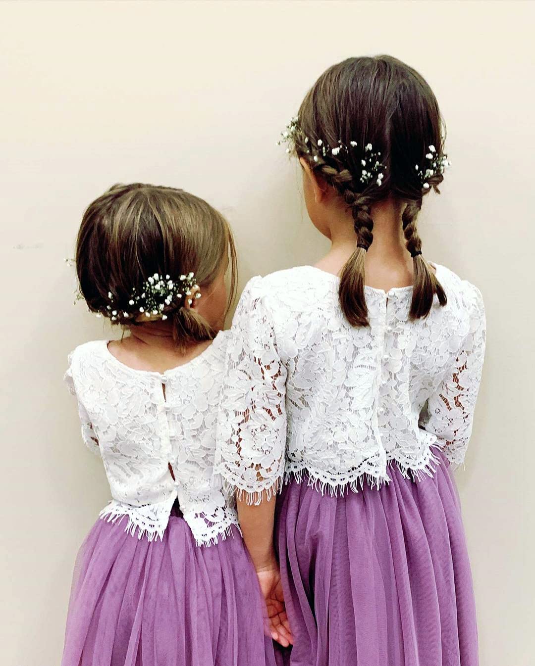 2Bunnies Flower Girl Dress 2 Piece Set Scallop Lace Long Sleeve Straight Tutu Maxi (Mauve) - 2BUNNIES