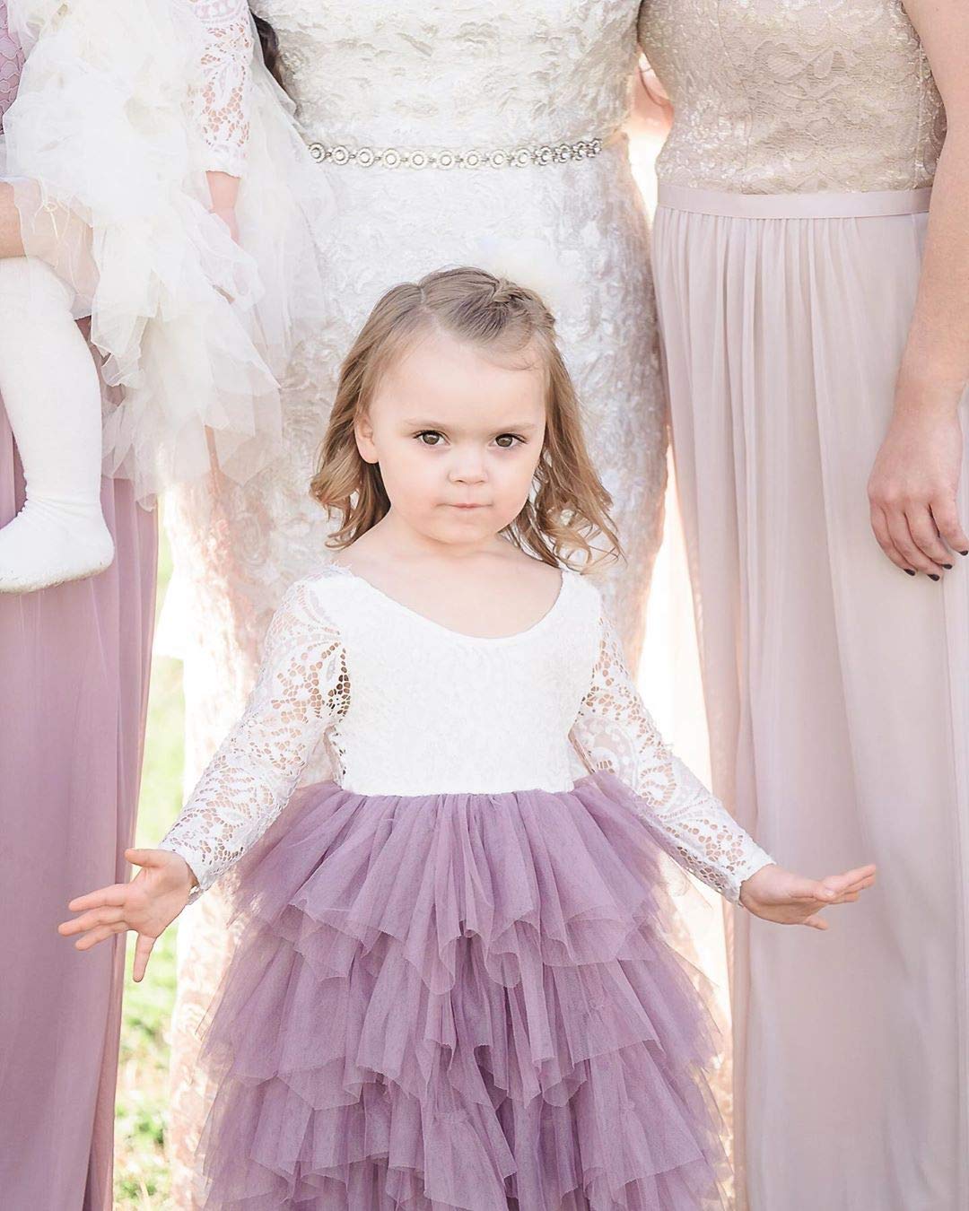 2Bunnies Flower Girl Dress Peony Lace Back A-Line Long Sleeve Tiered Tulle Maxi (Mauve) - 2BUNNIES