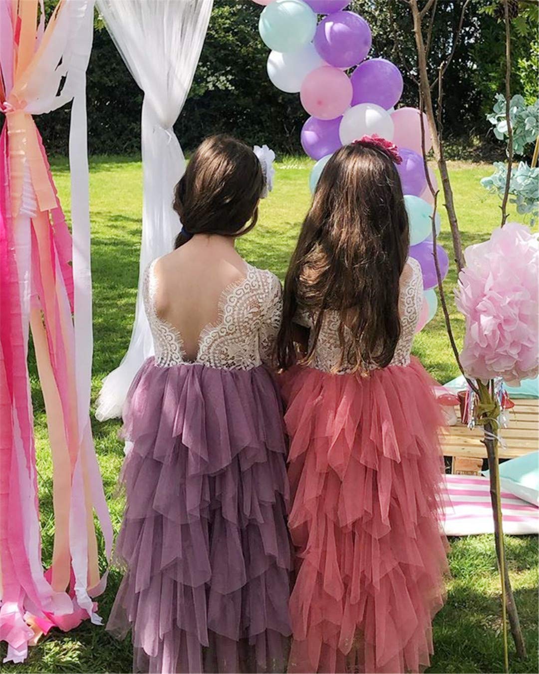 2Bunnies Flower Girl Dress Peony Lace Back A-Line Long Sleeve Tiered Tulle Maxi (Mauve) - 2BUNNIES
