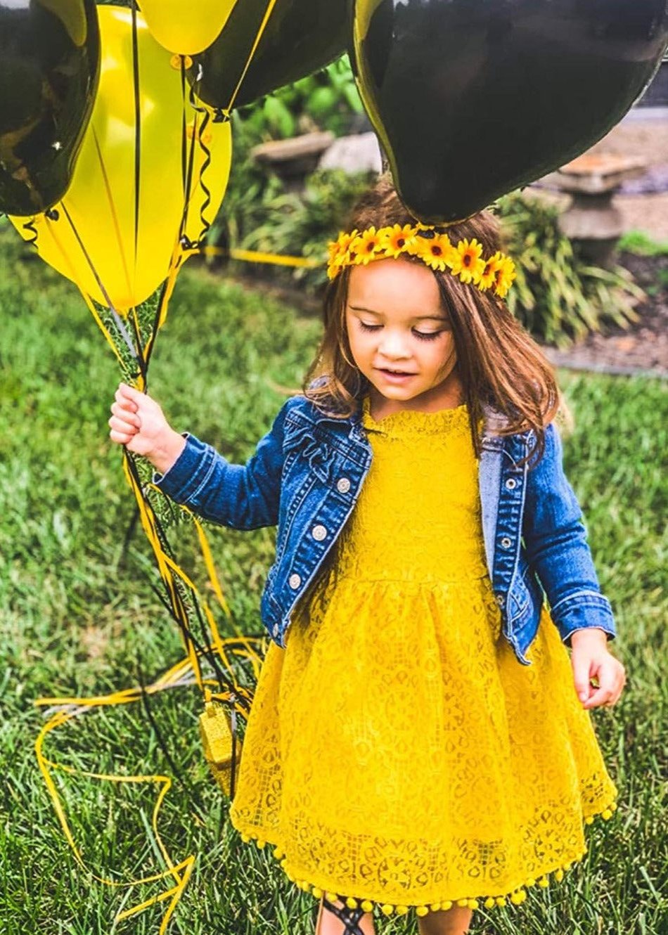 Sunflower Lace Pom Pom Trim Girl Dress in Mustard
