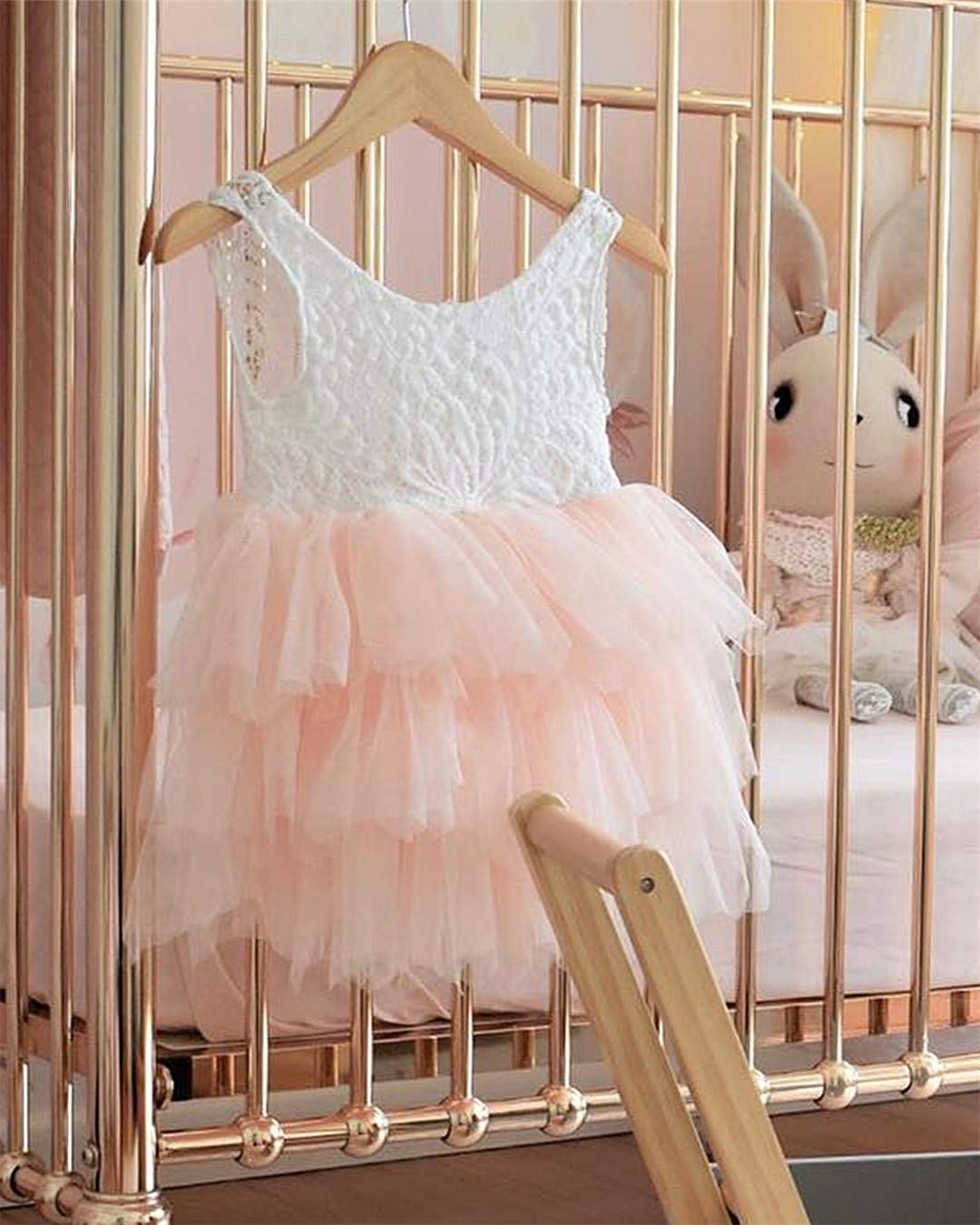 2Bunnies Flower Girl Dress Peony Lace Back A-Line Sleeveless Tiered Tulle Short (Pink No Applique) - 2BUNNIES