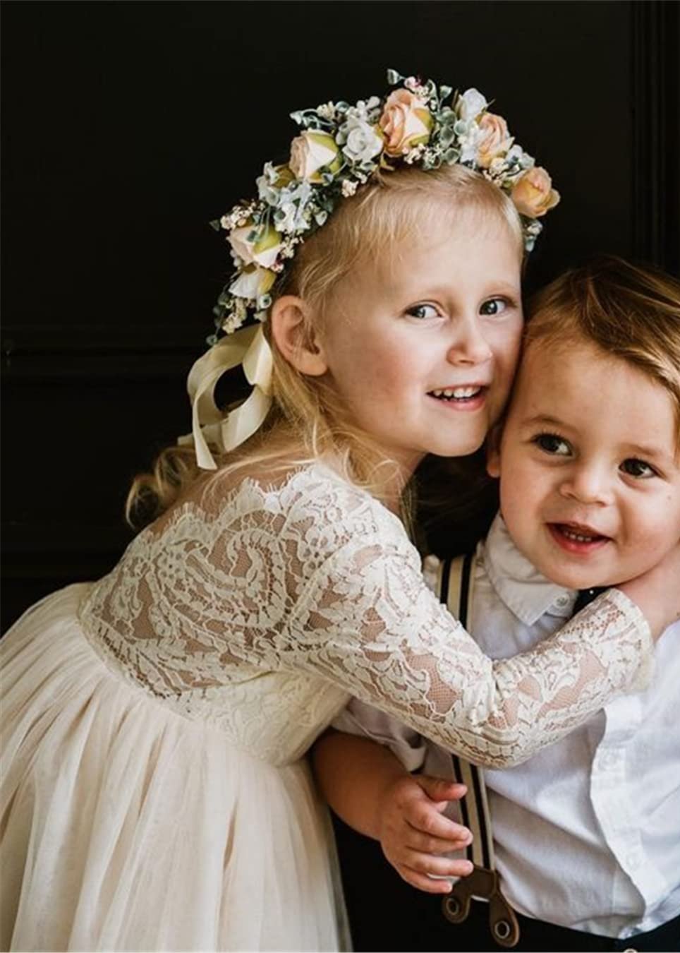 paisley lace flower girl dress product info and reviews Girls' Paisley Lace Tulle Long Sleeve Knee Dress in Ivory 2BUNNIES