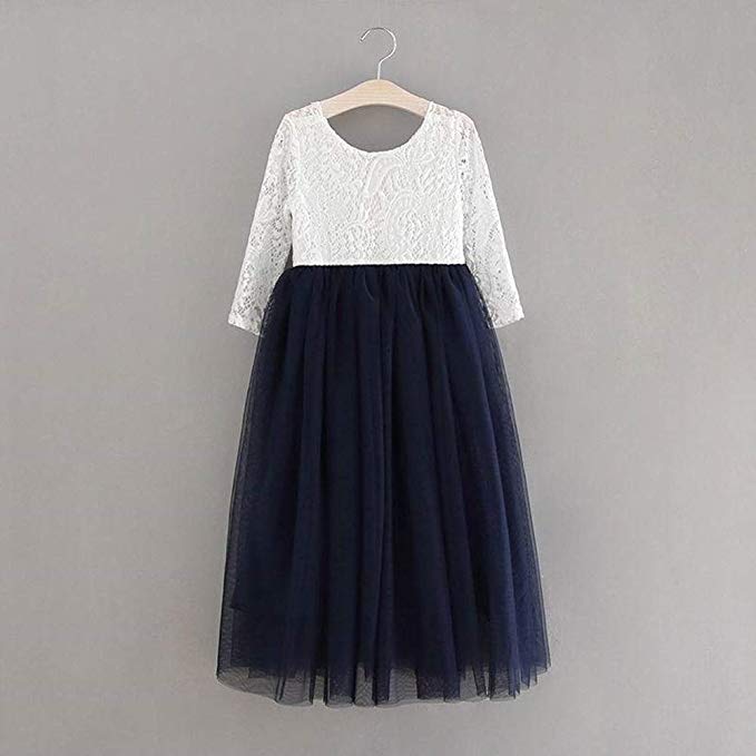2Bunnies Flower Girl Dress Peony Lace Back A-Line Long Sleeve Straight Tulle Maxi (Navy) - 2BUNNIES