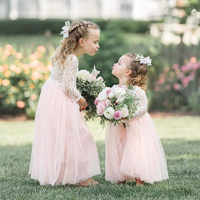 2Bunnies Flower Girl Dress Peony Lace Back A-Line Long Sleeve Straight Tulle Maxi (Pink) - 2BUNNIES
