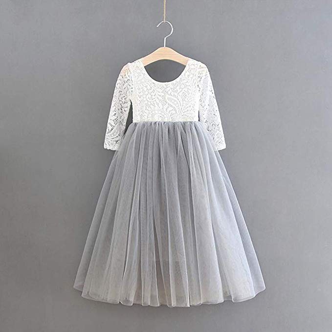 2Bunnies Flower Girl Dress Peony Lace Back A-Line Long Sleeve Straight Tulle Maxi (Light Gray) - 2BUNNIES