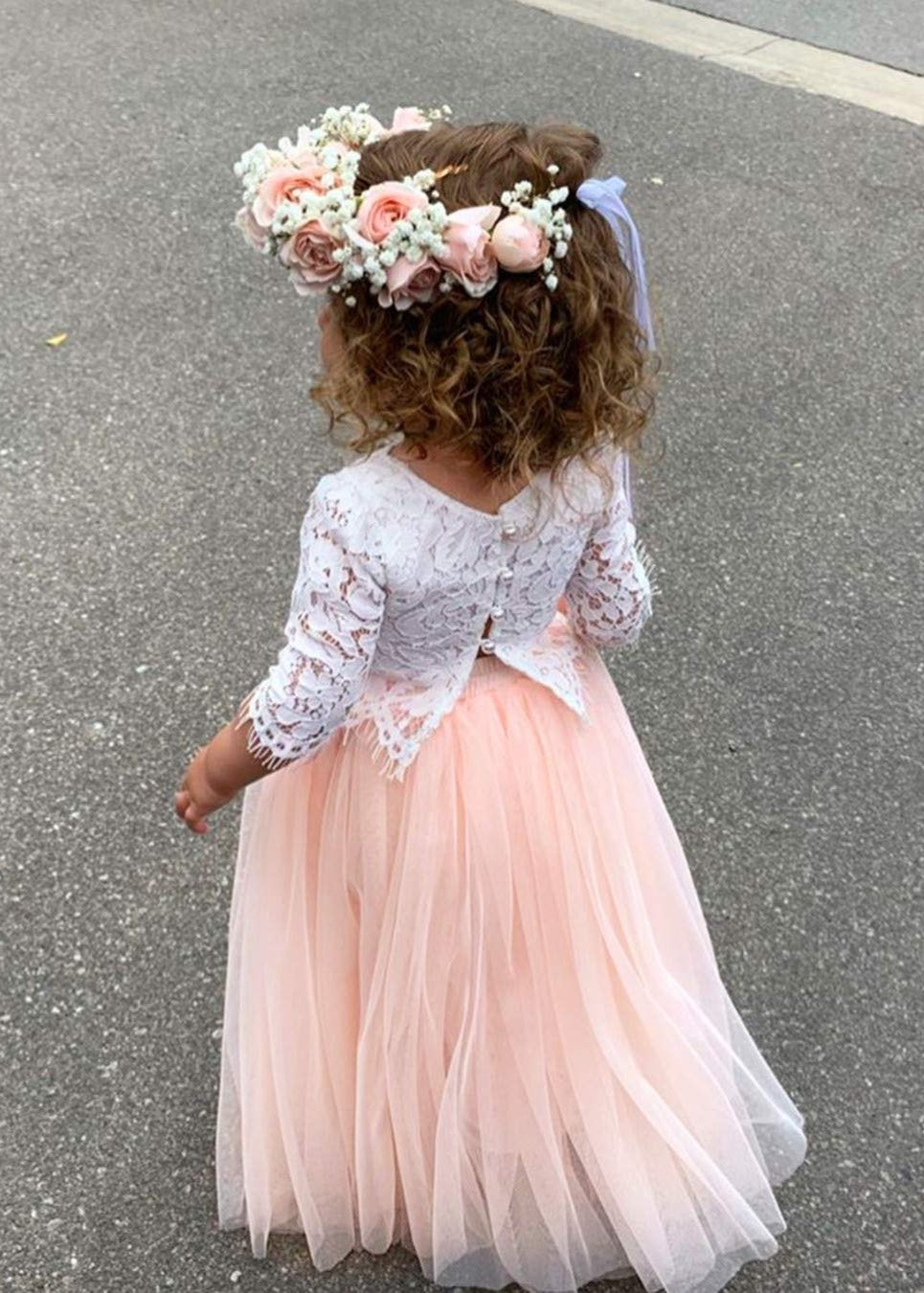 Scalloped Lace 2 Piece Girl Dress Set in Pink