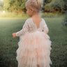 2Bunnies Flower Girl Dress Peony Lace Back A-Line Long Sleeve Tiered Tulle Maxi (Pink) - 2BUNNIES