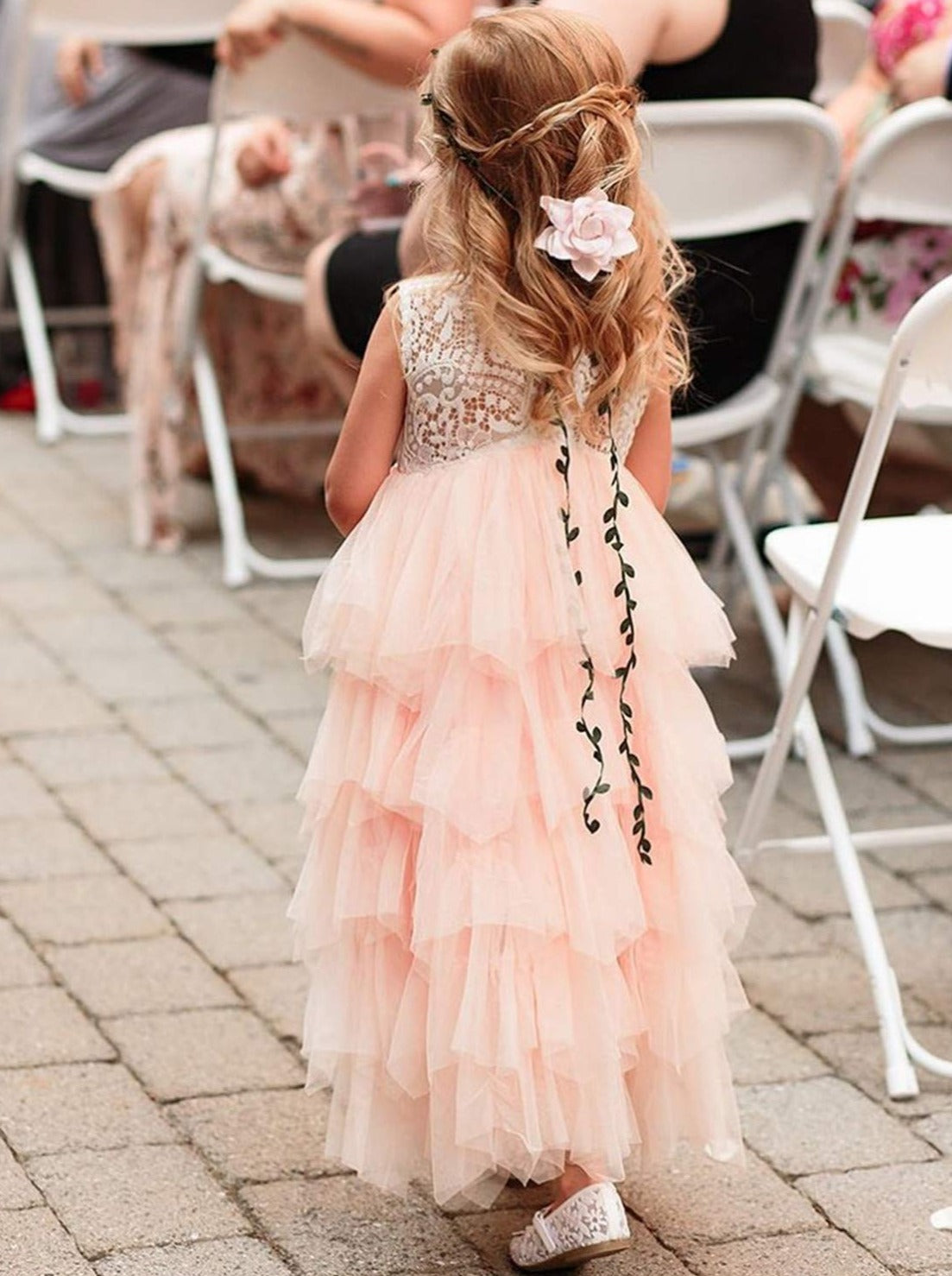 2Bunnies Flower Girl Dress Peony Lace Back A-Line Sleeveless Tiered Tulle Maxi (Pink) - 2BUNNIES