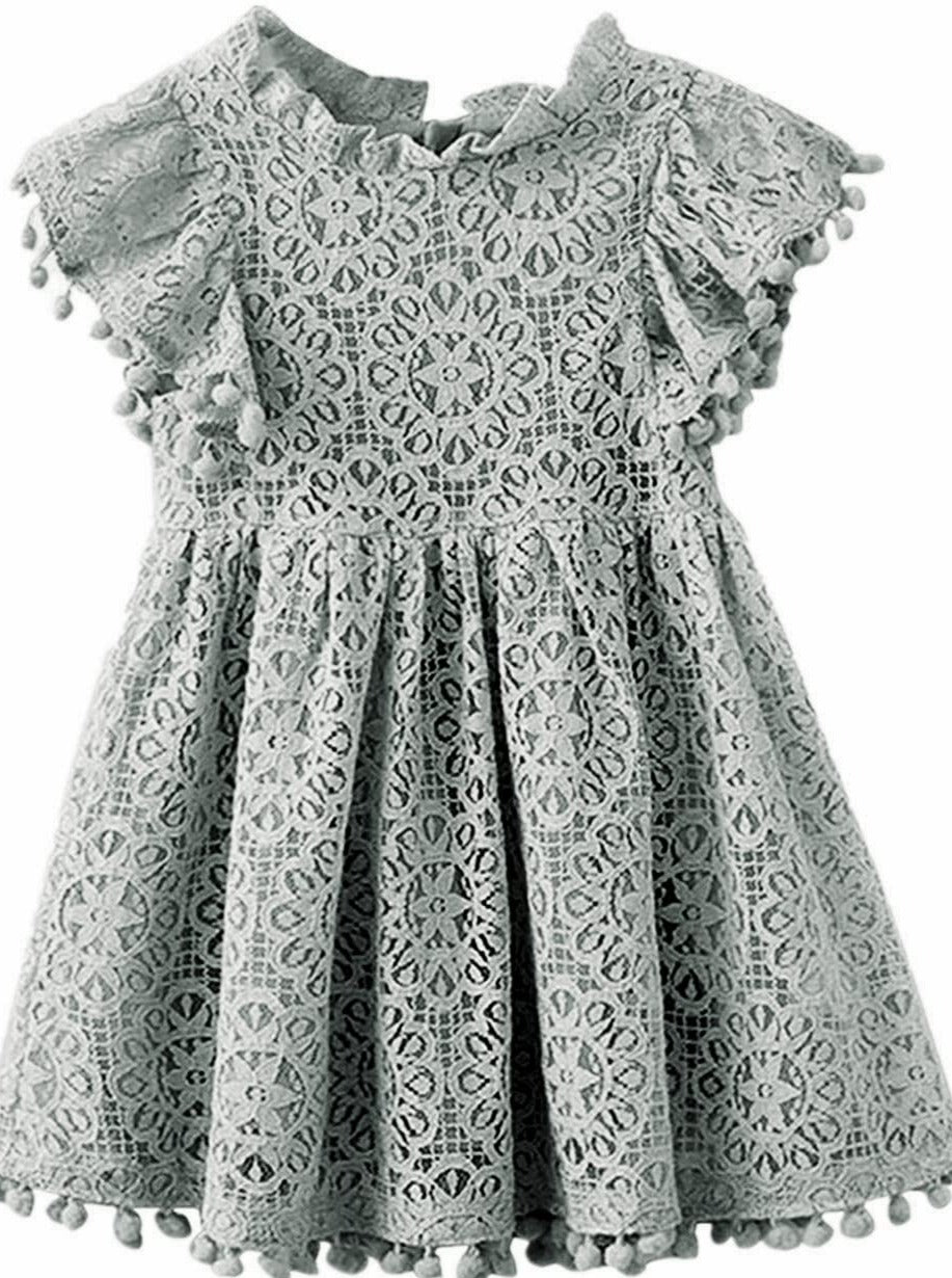 Sunflower Lace Pom Pom Trim Girl Dress in Light Gray - 2BUNNIES
