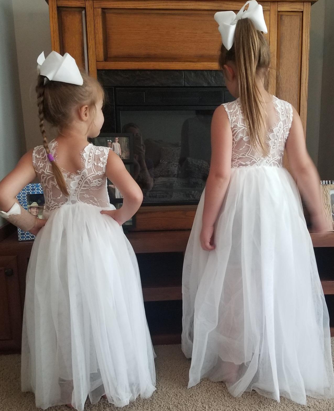 2Bunnies Flower Girl Dress Rose Lace Back A-Line Sleeveless Straight Tulle Maxi (White) - 2BUNNIES