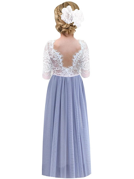 Rose Lace Straight Tulle Girl Dress in Bluish Gray - 2BUNNIES