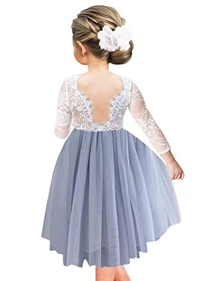 Rose Lace Straight Tulle Girl Dress in Bluish Gray - 2BUNNIES