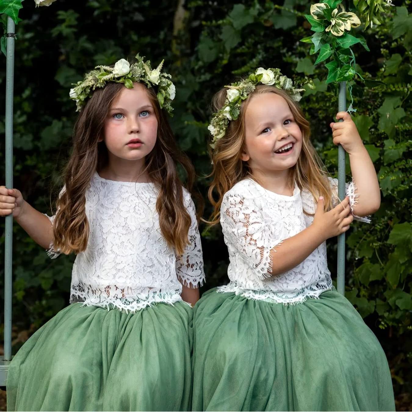 Scallop Lace 2 Piece Girl Dress Set in Sage - 2BUNNIES