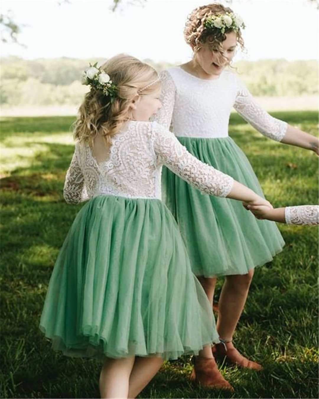 Peony Lace Straight Tulle Girl Dress in Sage - 2BUNNIES