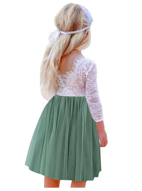 Rose Lace Flower Girl Dress in Sage Long-Sleeve Tea-Length Tulle A-Line V-Back Scoop