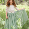 2Bunnies Flower Girl Dress 2 Piece Set Scallop Lace Long Sleeve Straight Tutu Maxi (Sage) - 2BUNNIES