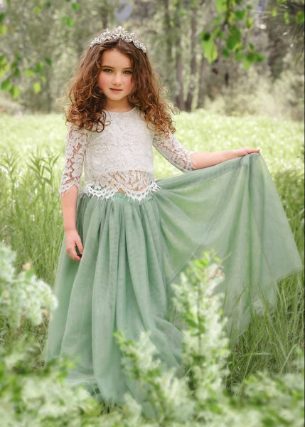 Scalloped Lace 2 Piece Girl Dress Set in Sage 7-8 Years