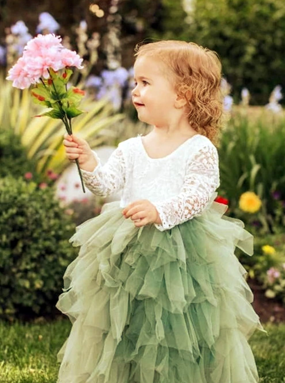 2Bunnies Flower Girl Dress Peony Lace Back A-Line Long Sleeve Tiered Tulle Maxi (Sage) - 2BUNNIES
