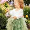 2Bunnies Flower Girl Dress Peony Lace Back A-Line Long Sleeve Tiered Tulle Maxi (Sage) - 2BUNNIES