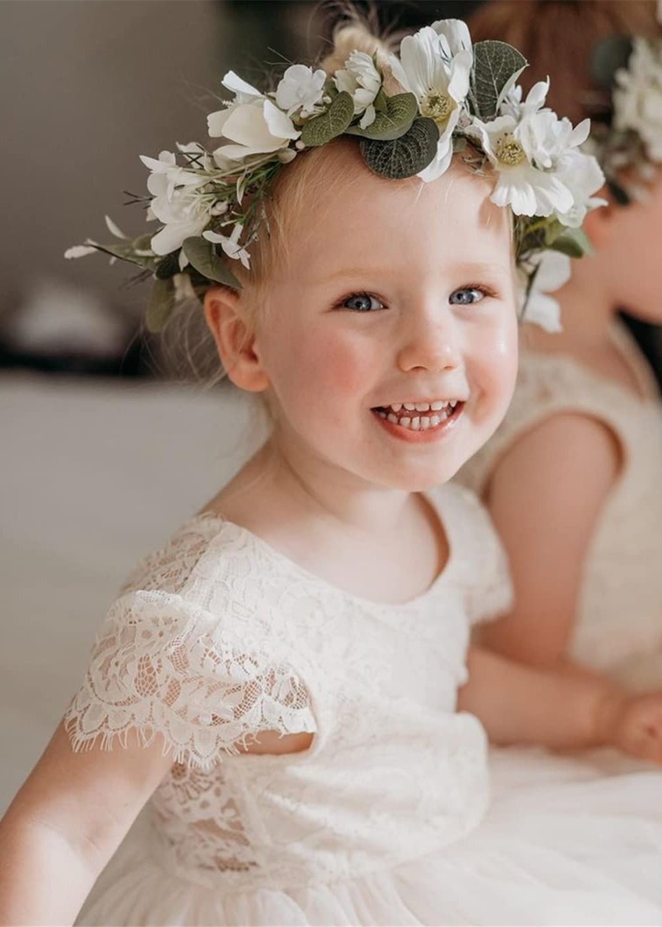 2Bunnies Flower Girl Dress Paisley Lace Back A-Line Short Sleeve Straight Tulle Knee (Ivory) - 2BUNNIES
