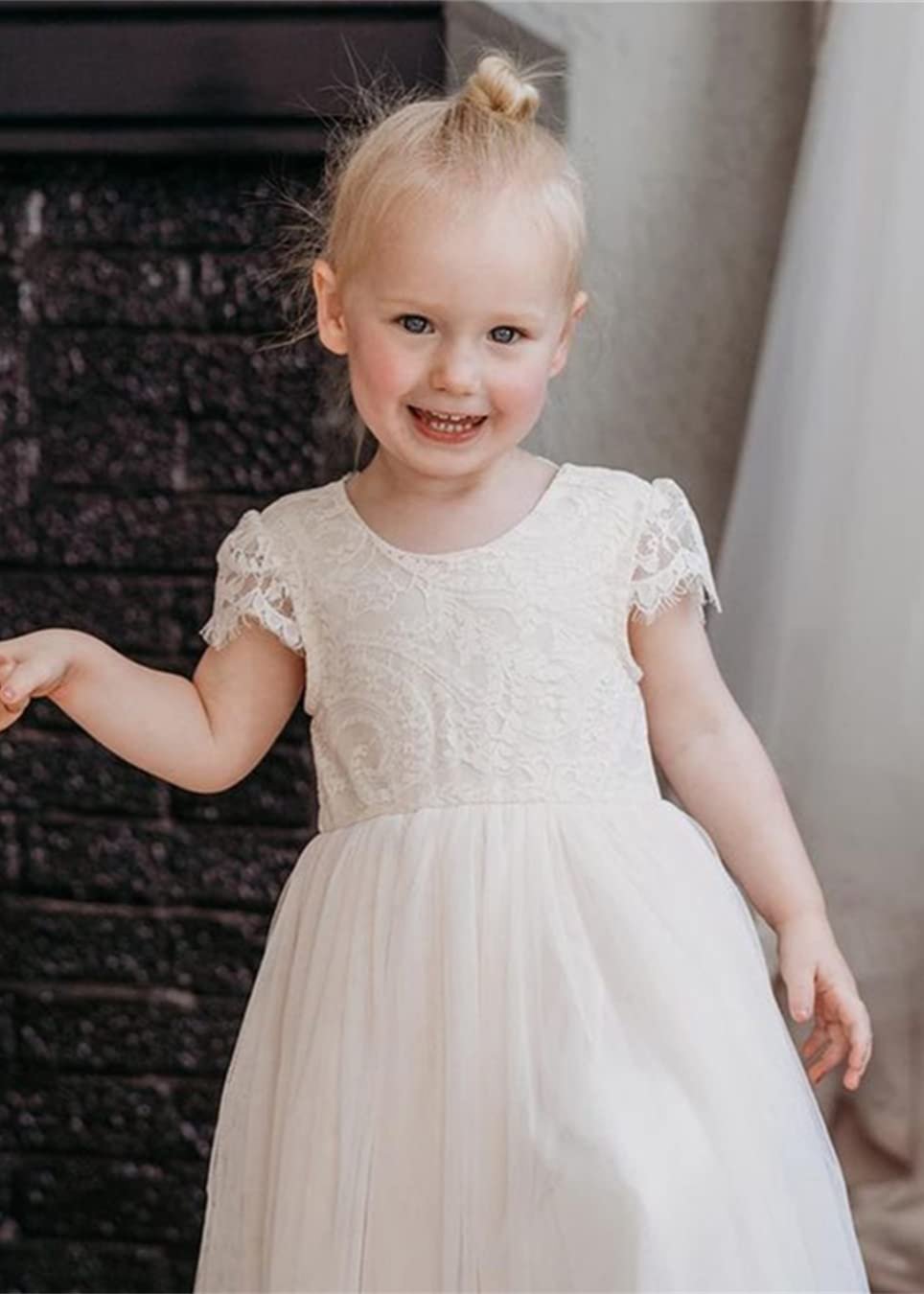 2Bunnies Flower Girl Dress Paisley Lace Back A-Line Short Sleeve Straight Tulle Knee (Ivory) - 2BUNNIES