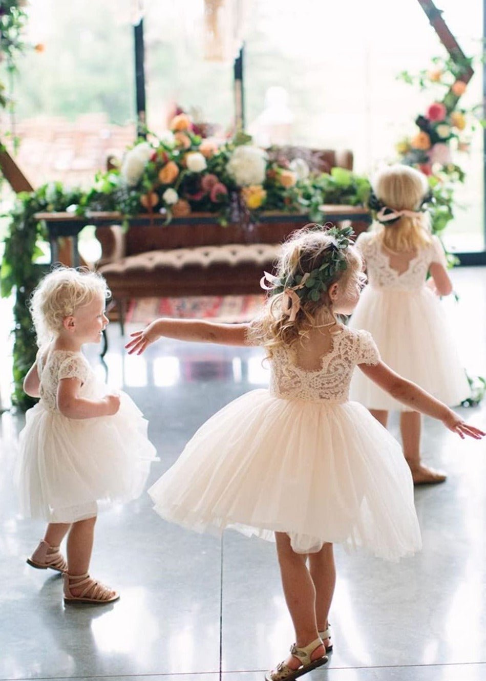 2Bunnies Flower Girl Dress Paisley Lace Back A-Line Short Sleeve Straight Tulle Knee (Ivory) - 2BUNNIES