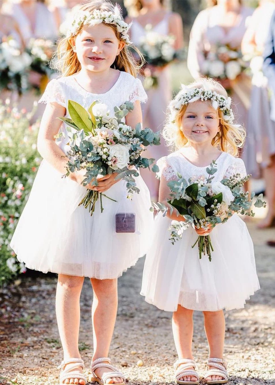 2Bunnies Flower Girl Dress Paisley Lace Back A-Line Short Sleeve Straight Tulle Knee (White) - 2BUNNIES