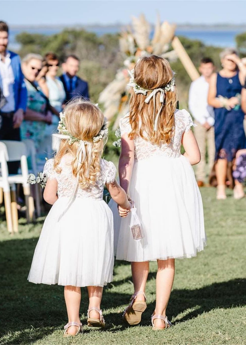 2Bunnies Flower Girl Dress Paisley Lace Back A-Line Short Sleeve Straight Tulle Knee (White) - 2BUNNIES