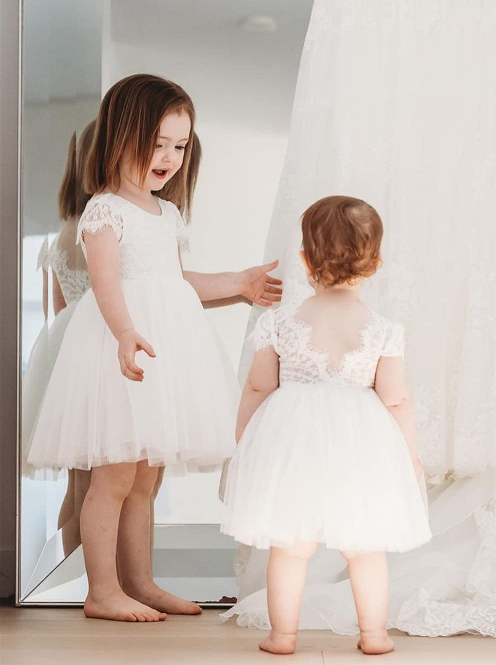2Bunnies Flower Girl Dress Paisley Lace Back A-Line Short Sleeve Straight Tulle Knee (White) - 2BUNNIES