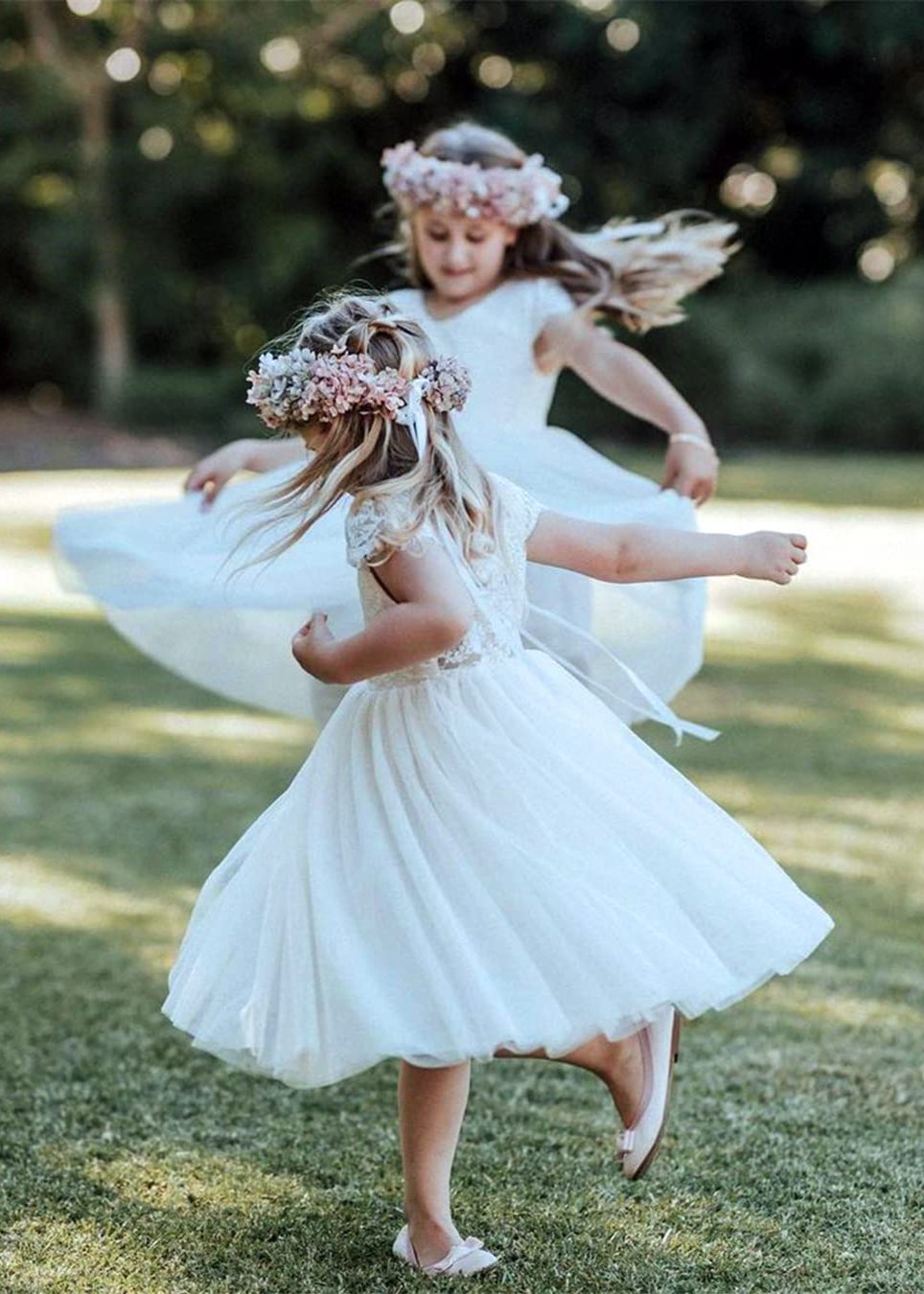 2Bunnies Flower Girl Dress Paisley Lace Back A-Line Short Sleeve Straight Tulle Knee (White) - 2BUNNIES