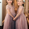 2Bunnies Flower Girl Dress Paisley Lace Back A-Line Short Sleeve Straight Tulle Maxi (Dusty Pink) - 2BUNNIES