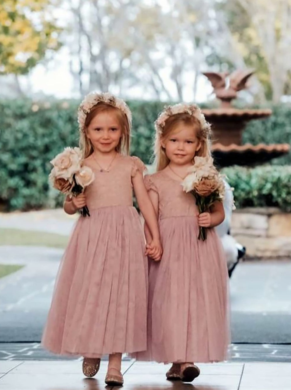 2Bunnies Flower Girl Dress Paisley Lace Back A-Line Short Sleeve Straight Tulle Maxi (Dusty Pink) - 2BUNNIES