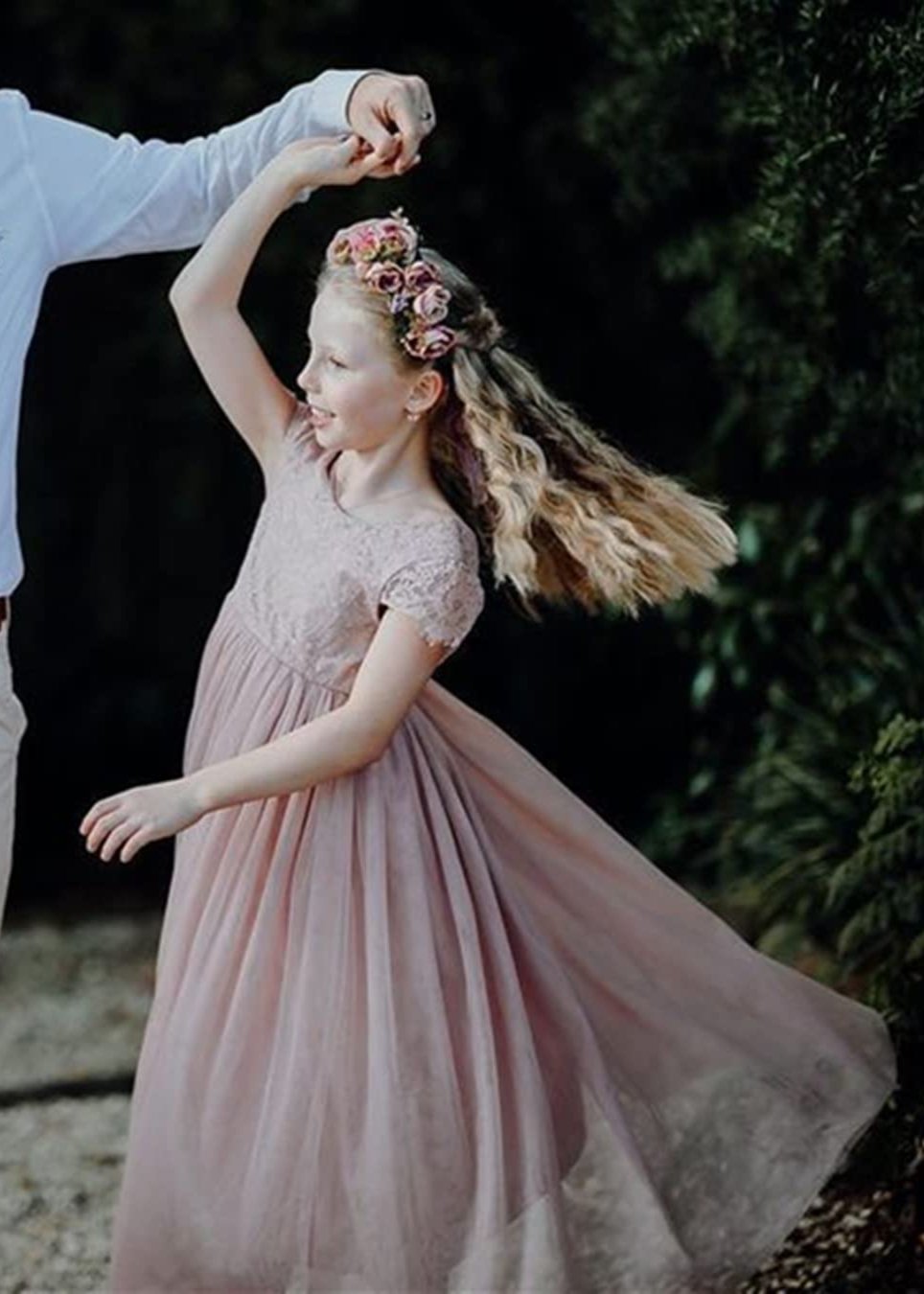 Girls' Paisley Lace Tulle Short Sleeve Maxi Dress in Dusty Pink 5 / Dusty Pink Girls' Paisley Lace Tulle Short Sleeve Maxi Dress in Dusty Pink 5 / Dusty Pink